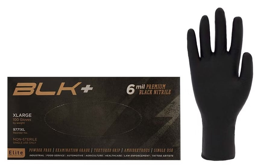 6 Mil, Black, Exam Grade, Powder-Free, ELITE BLACK + NITRILE GLOVES (1000 gloves per case) -9771