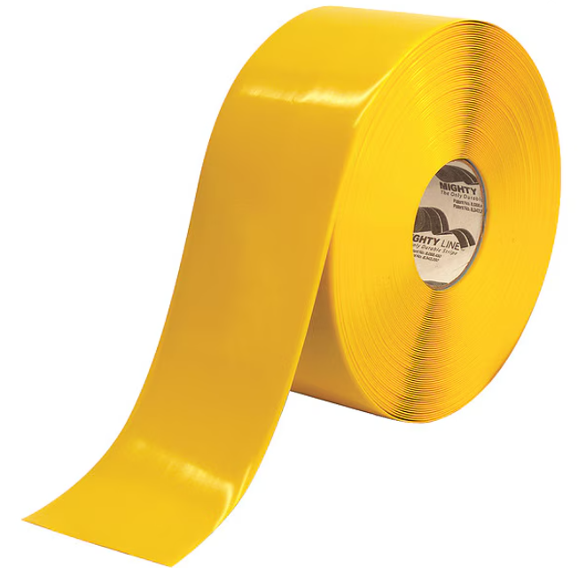 Mighty Line Floor Tape 4" x 100' x 50 Mil, Yellow, Vinyl material, MFR# 4RY, Item# G3804841, Priced & Sold per Roll