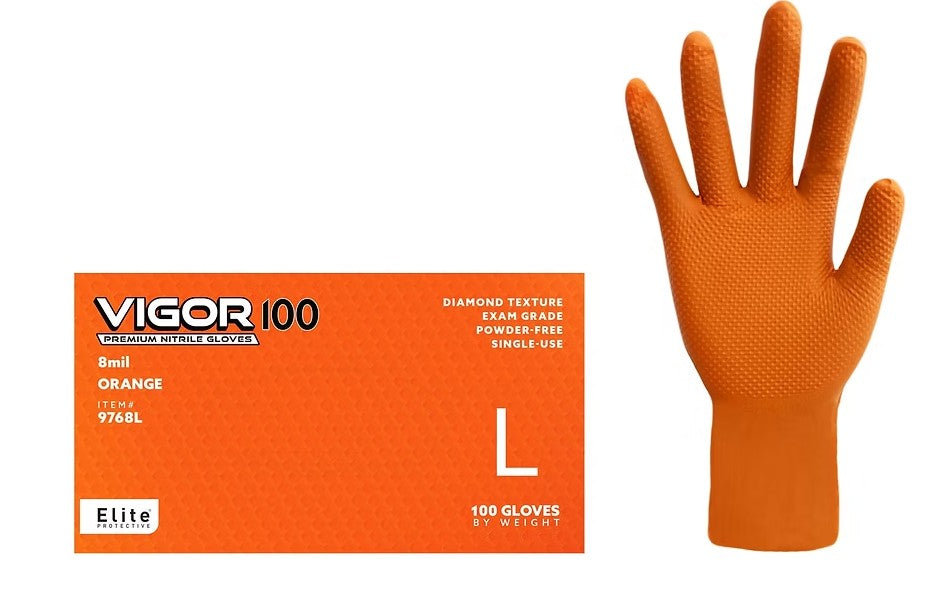 8 Mil, Orange, Exam Grade,  Powder-Free, Vigor 100® Orange Raised Diamond Grip Nitrile Gloves(1000 gloves per case) - 9768