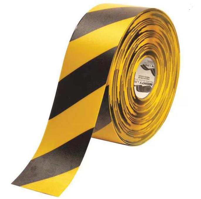 Mighty Line Floor Tape 4" x 100' x 50 Mil, Yellow/Black, Rubber material, MFR# 4RYCHV, Item# G3899481, Priced & Sold per Roll