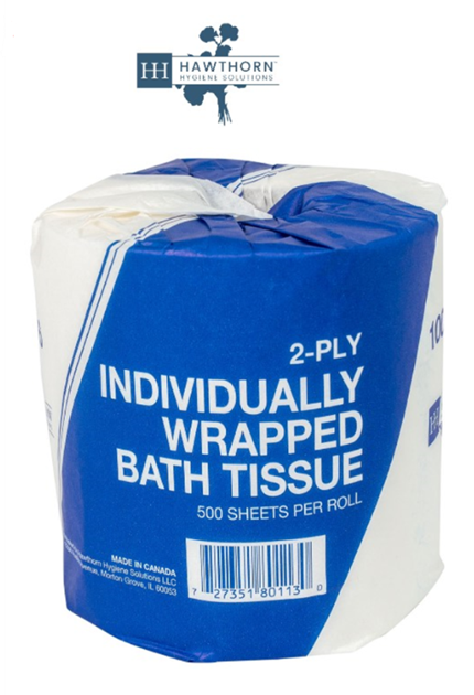 Hawthorn Toilet Tissue 2-ply 4.5" x 3.5", White Individually Wrapped, 500 sheets/roll, 96 rolls/case, Item# 10000046, Priced & Sold by Case